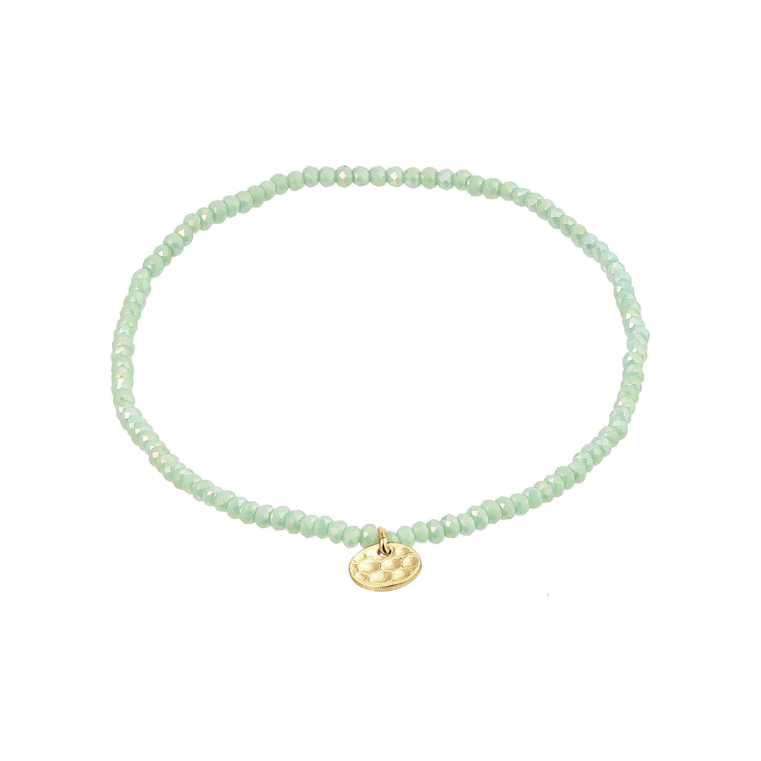 Lime green beaded bracelet with a gold charm on a white background