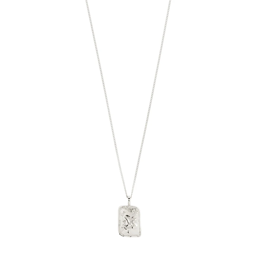 Silver necklace with a rectangular pendant on a white background