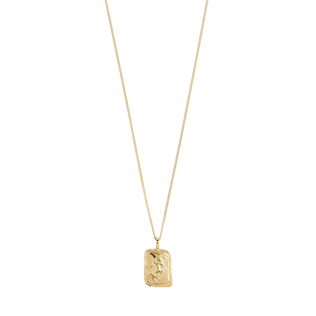Gold necklace with a rectangular pendant on a white background