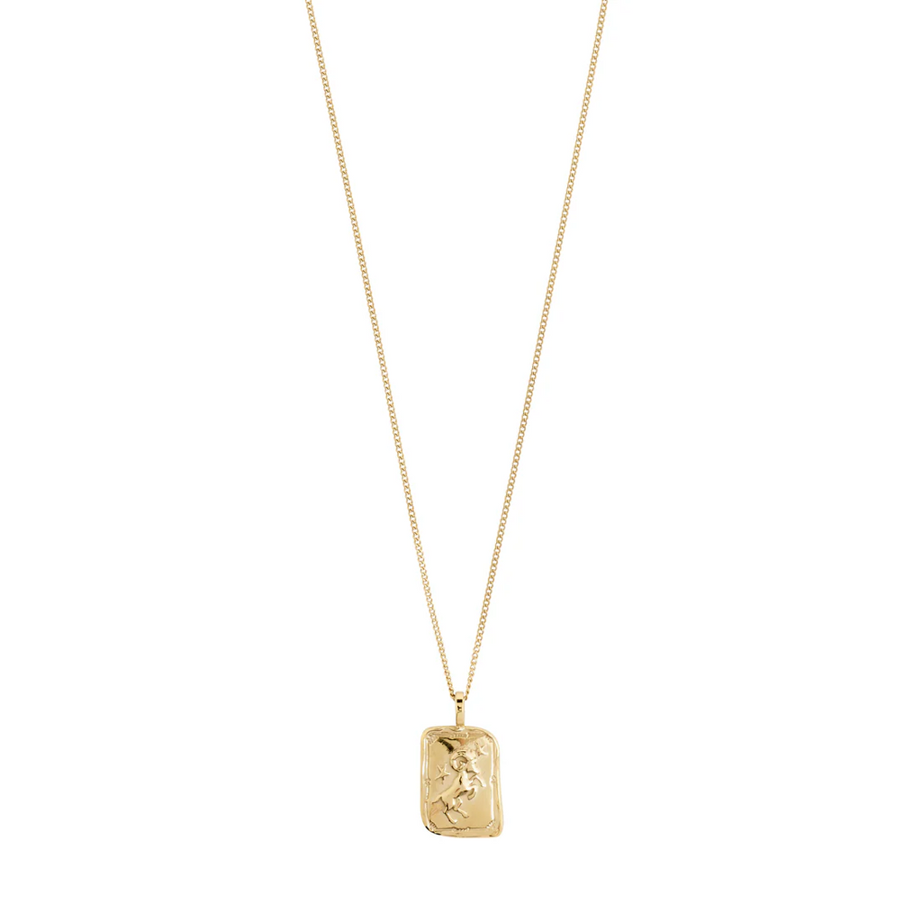 Gold necklace with a rectangular pendant on a white background
