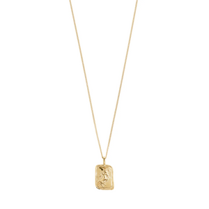 Gold necklace with a rectangular pendant on a white background