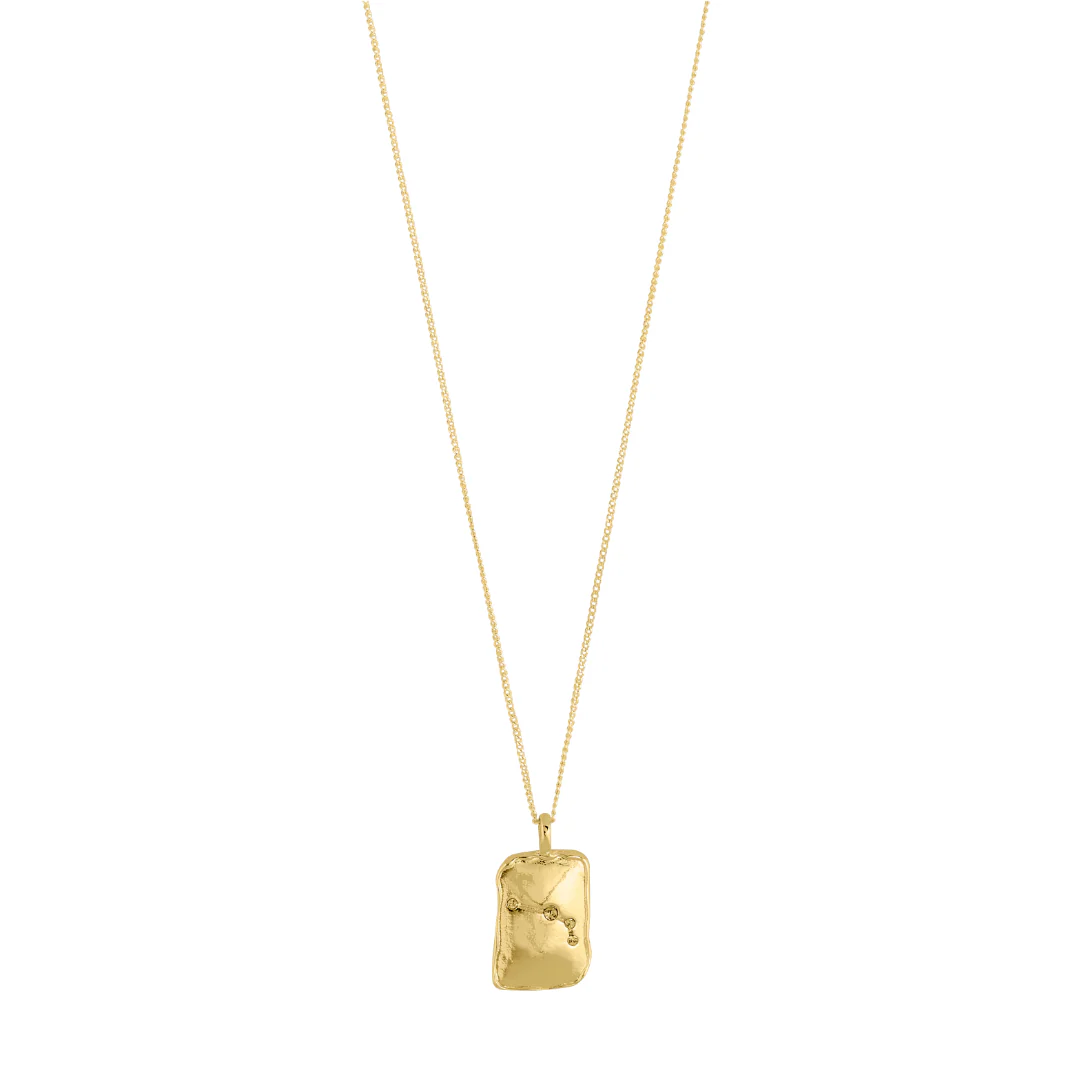 Gold necklace with a rectangular pendant on a white background