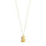 Load image into Gallery viewer, Gold necklace with a rectangular pendant on a white background

