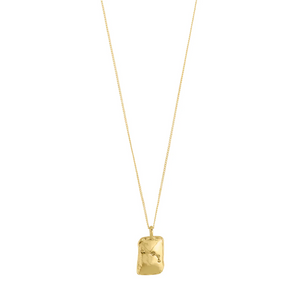 Gold necklace with a rectangular pendant on a white background