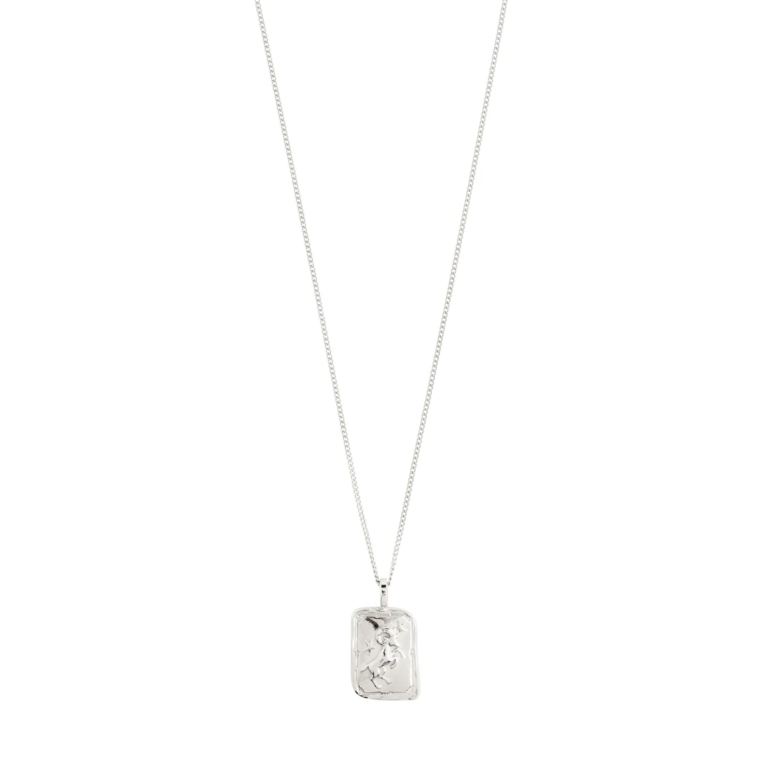 Silver necklace with a rectangular pendant on a white background