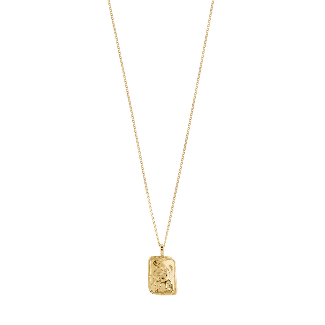 Gold necklace with a rectangular pendant on a white background