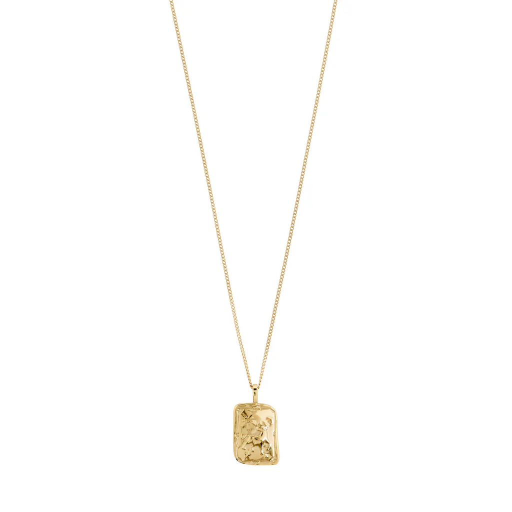 Gold necklace with a rectangular pendant on a white background