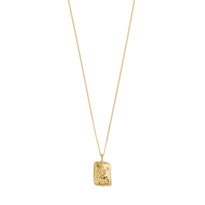 Gold necklace with a rectangular pendant on a white background