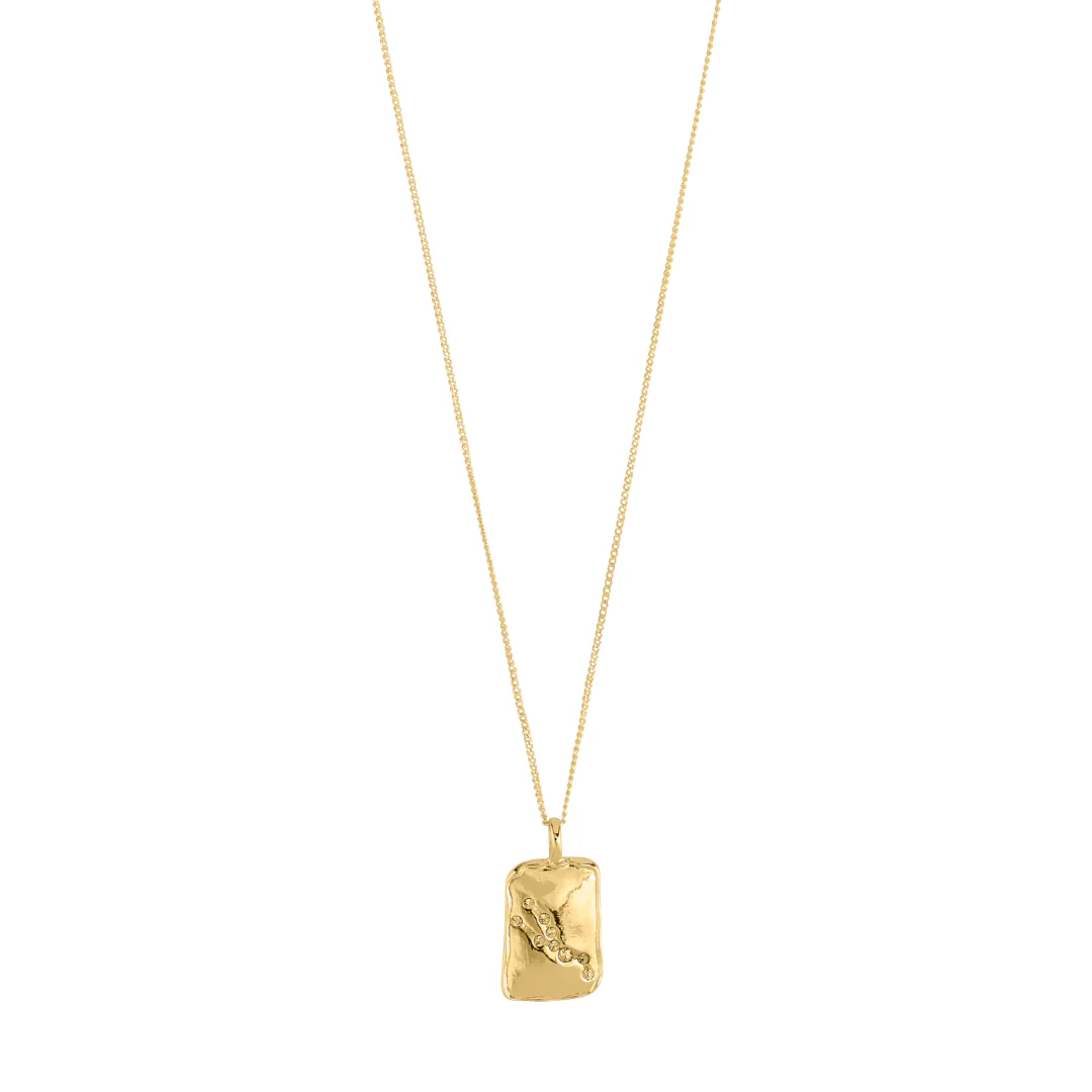 Gold necklace with a rectangular pendant on a white background