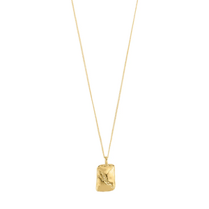 Gold necklace with a rectangular pendant on a white background