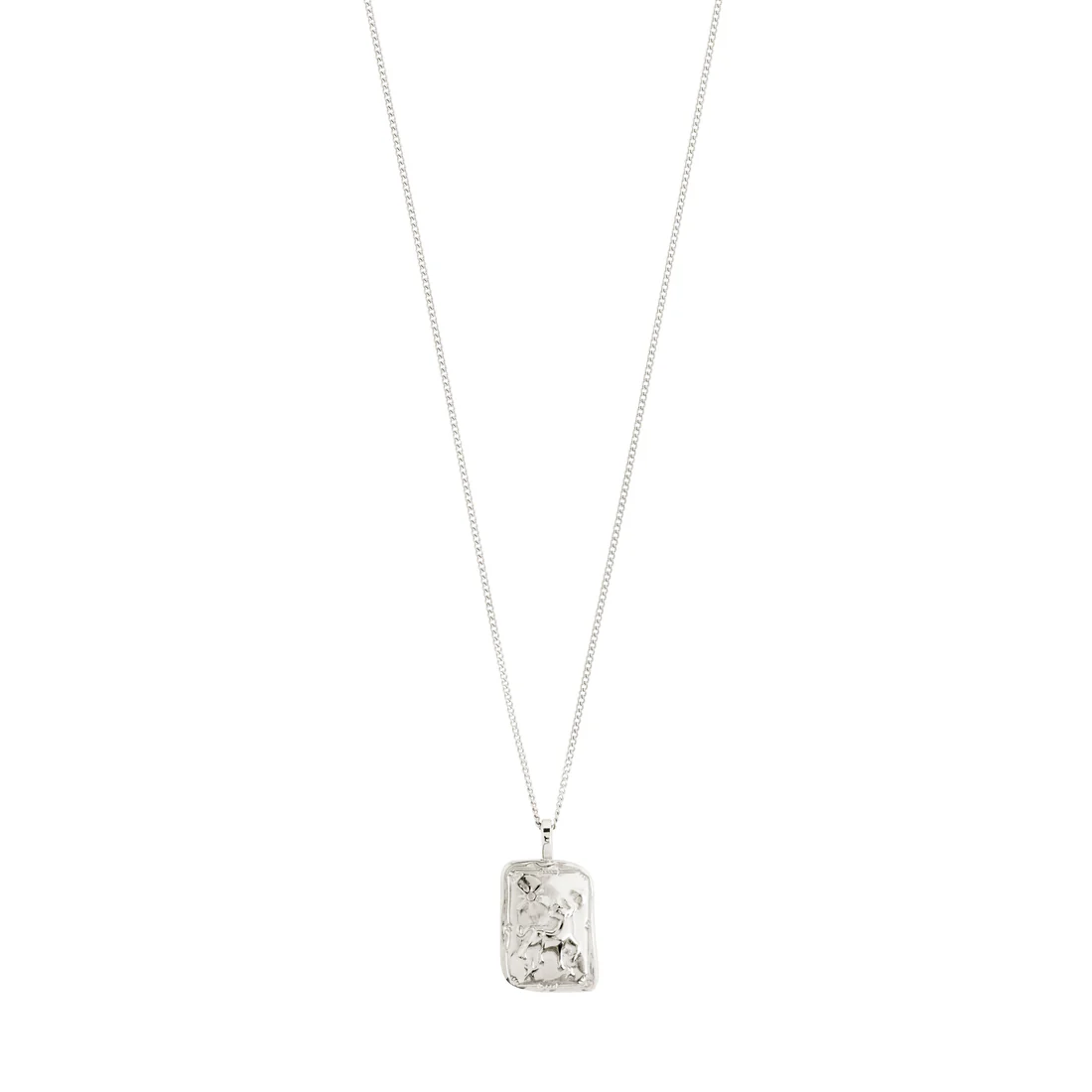 Silver necklace with a rectangular pendant on a white background
