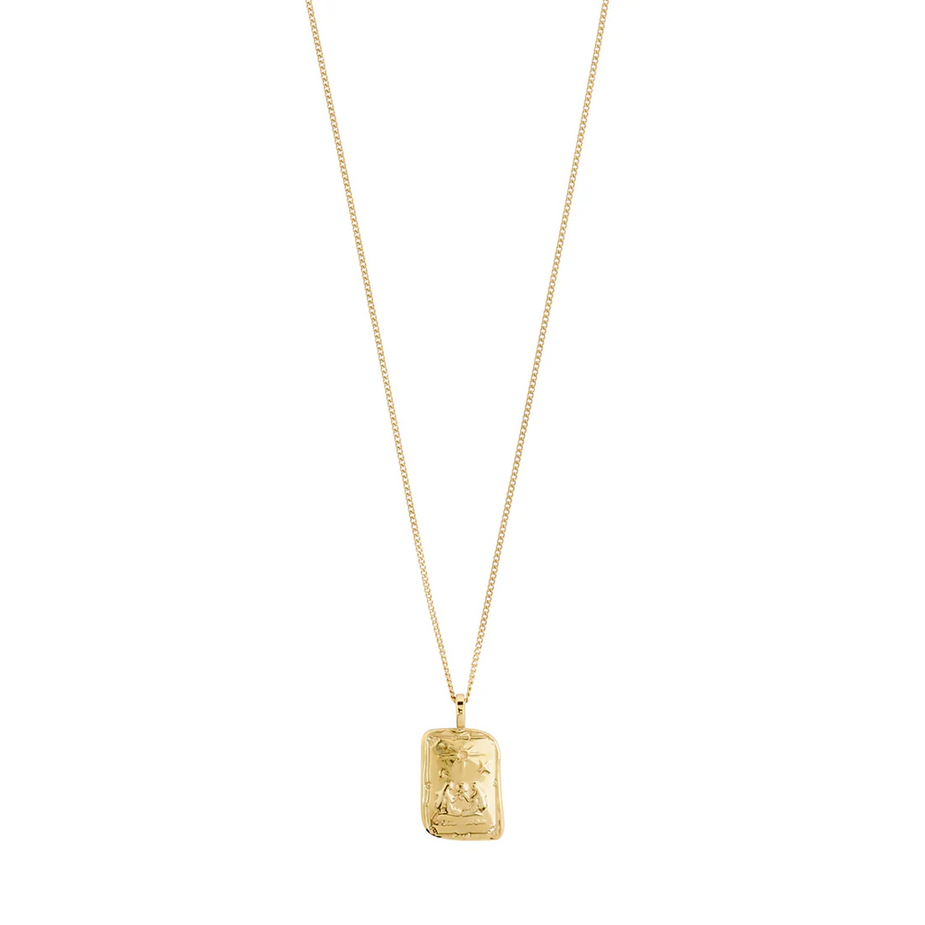 Gold necklace with a rectangular pendant on a white background