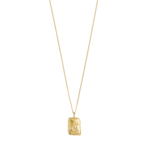 Gold necklace with a rectangular pendant on a white background