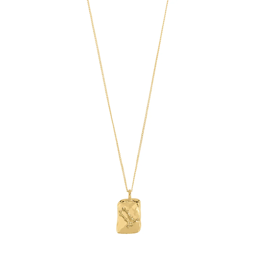 Gold necklace with a textured pendant on a white background