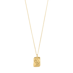 Gold necklace with a textured pendant on a white background