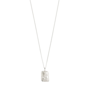 Silver necklace with a rectangular pendant on a white background