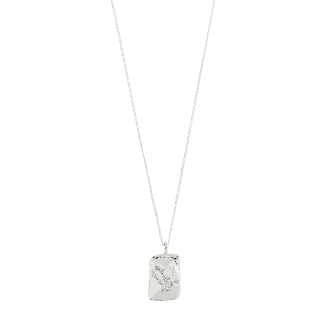 Silver necklace with a textured pendant on a white background