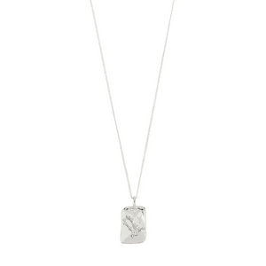 Silver necklace with a textured pendant on a white background