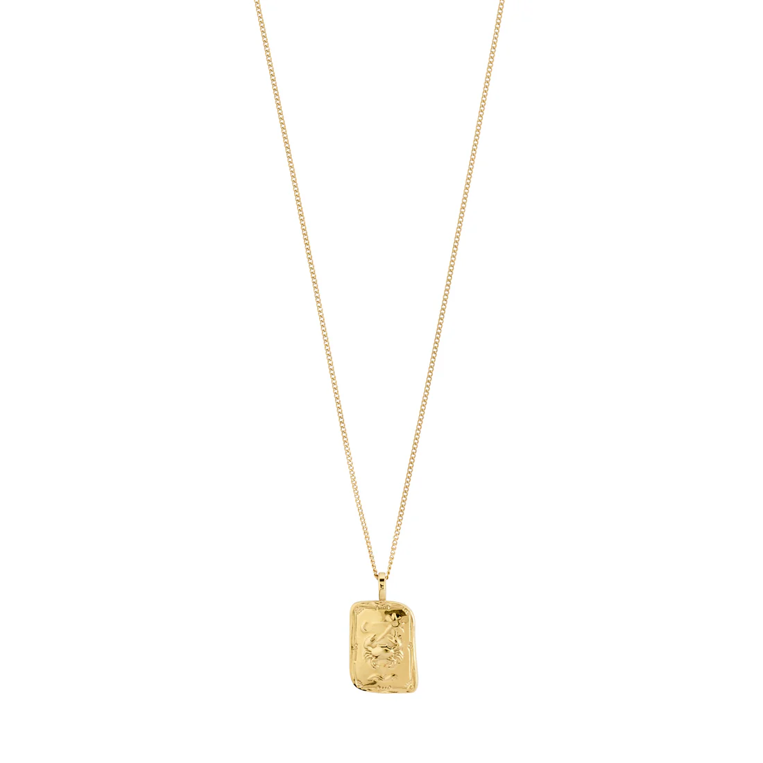 Gold necklace with a rectangular pendant on a white background