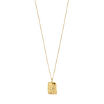 Load image into Gallery viewer, Gold necklace with a rectangular pendant on a white background
