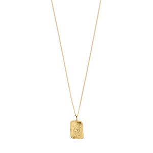 Gold necklace with a rectangular pendant on a white background