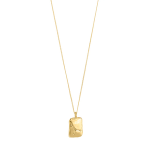 Gold necklace with a rectangular pendant on a white background