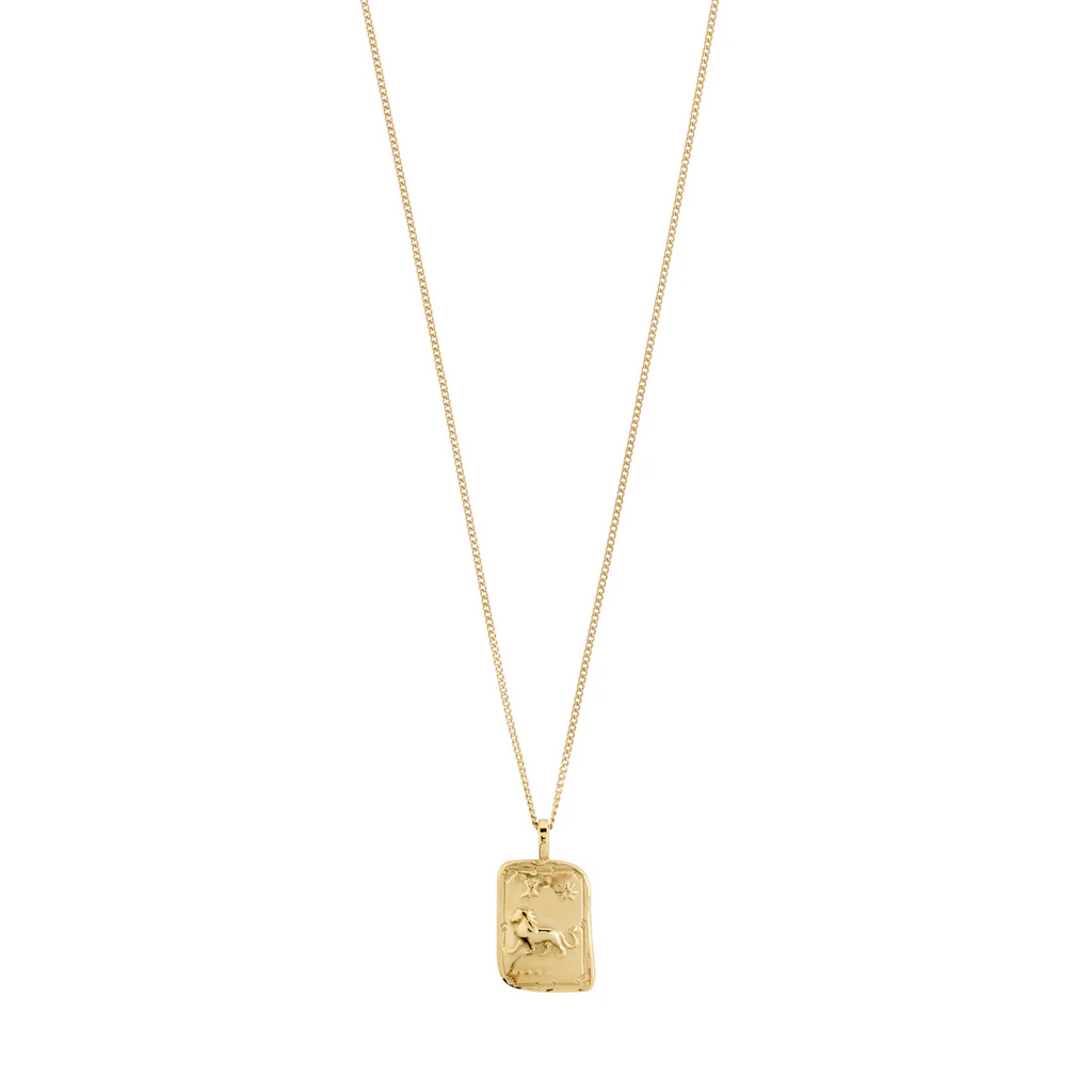 Gold necklace with a rectangular pendant on a white background