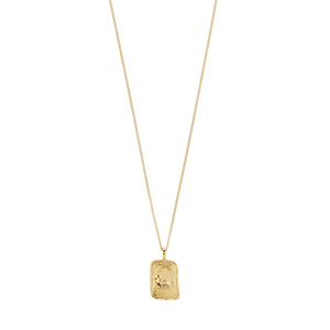 Gold necklace with a rectangular pendant on a white background