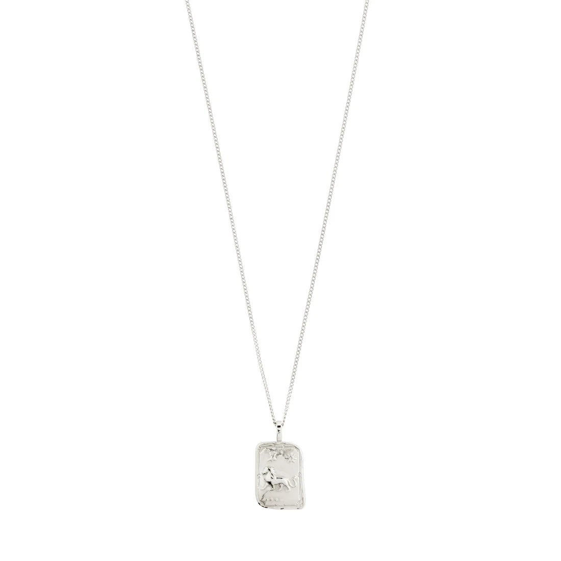 Silver necklace with a rectangular pendant on a white background