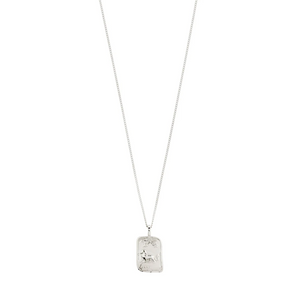 Silver necklace with a rectangular pendant on a white background