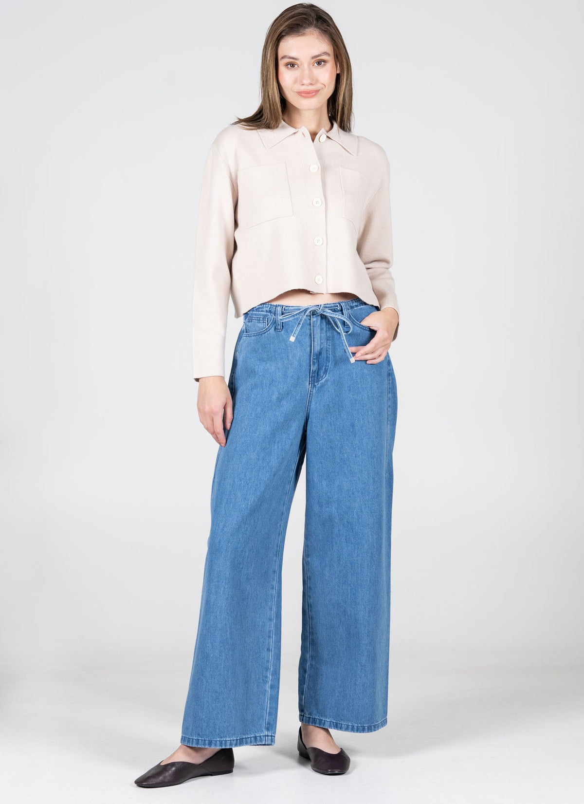 C'EST MOI Wide Leg Tie Front Medium Wash Denim Pant