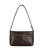 Load image into Gallery viewer, A small brown shoulder bag with a top zipper closure and a front two-way zipper pocket
