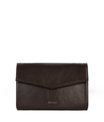 Load image into Gallery viewer, Brown clutch with a V-shaped flap and snap closure and a removable crossbody strap. The interior has a wallet feature and a large, zippered pocket.
