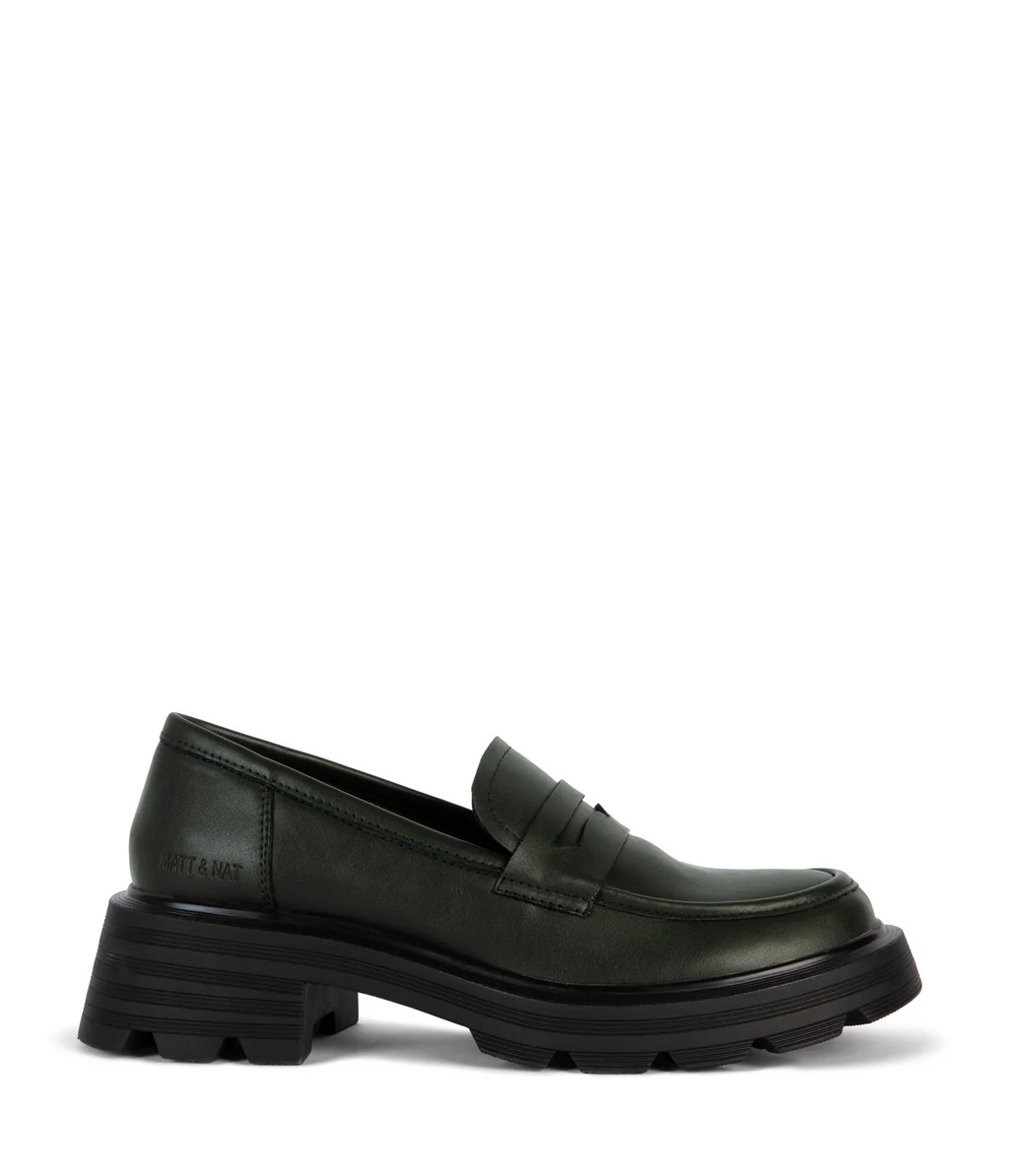 Dark green vegan leather loafer shoe on a white background