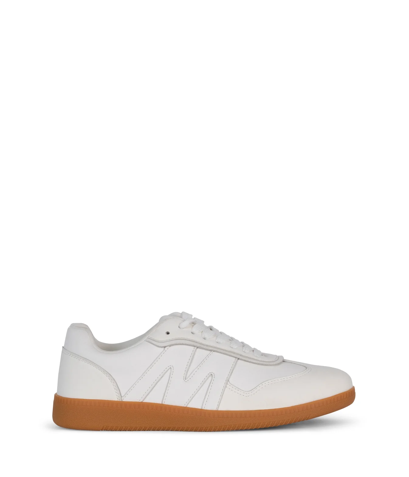 White sneaker with brown sole on a white background