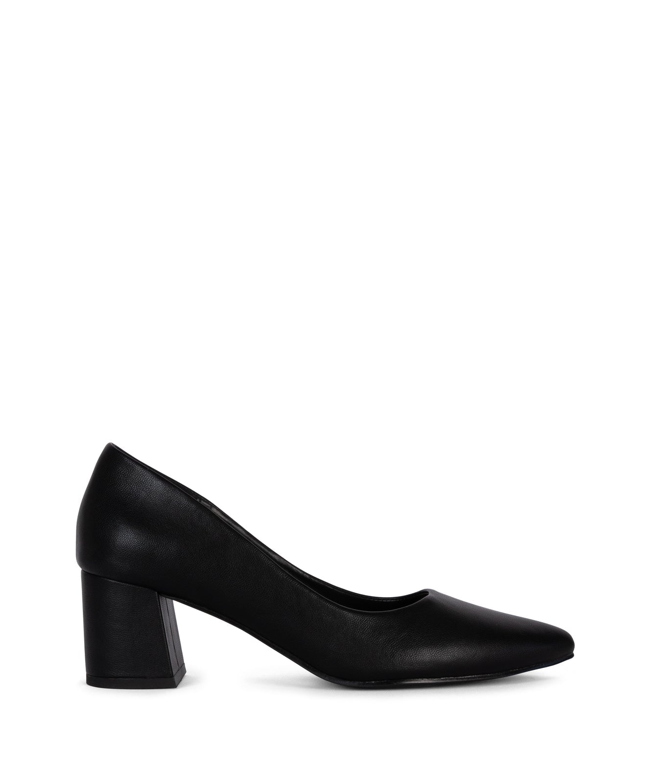 Black vegan leather block heel pump on a white background