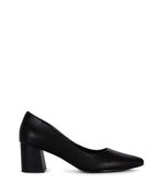 Load image into Gallery viewer, Black vegan leather block heel pump on a white background
