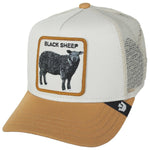 Load image into Gallery viewer, Trucker hat featuring a patch with a picture of a sheep and the words black sheep. 
