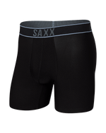 Load image into Gallery viewer, Black swim hydro liner boxer briefs with SAXX waistband on a dark background
