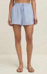 Load image into Gallery viewer, Light blue linen line shorts worn by a person on a beige background
