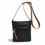 Load image into Gallery viewer, Vegan leather black crossbody purse with brown strap and multiple zipper front pockets.
