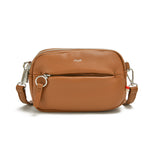 Load image into Gallery viewer, Brown vegan leather crossbody bag with silver zippers on a white background
