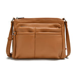 Load image into Gallery viewer, Tan vegan leather crossbody bag with multiple front pockets.
