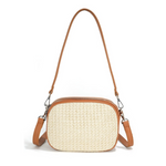 Load image into Gallery viewer, Woven handbag with brown vegan leather straps on a white background
