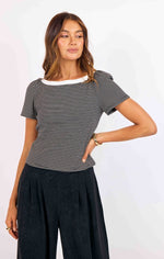 Load image into Gallery viewer, Black and cream stripped tee with boat neckline. 
