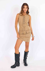 Load image into Gallery viewer, Taupe mini dress with cargo style pockets and tie neckline
