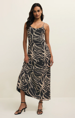Load image into Gallery viewer, Black and beige abstract pattern midi dress with spaghetti straps. 

