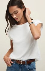 Load image into Gallery viewer, White women’s tee with round neckline. 
