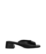 Load image into Gallery viewer, Square toe sandal with block heel in black.
