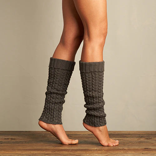 Grey cable knit legwarmers. 